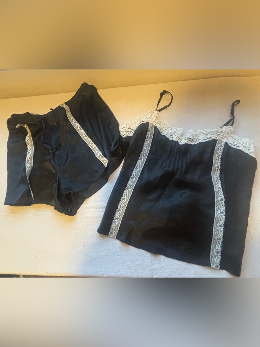 Vintage Morgan Taylor Intimates Black Satin & Lace Camisole Shorts Set Size L